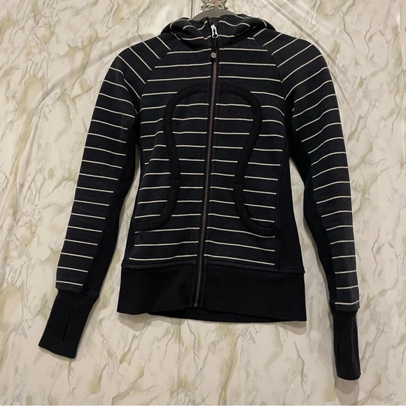 Lululemon 2 scuba hoodie navy blue white stripe rose gold zipper sweater active - Picture 2 of 7
